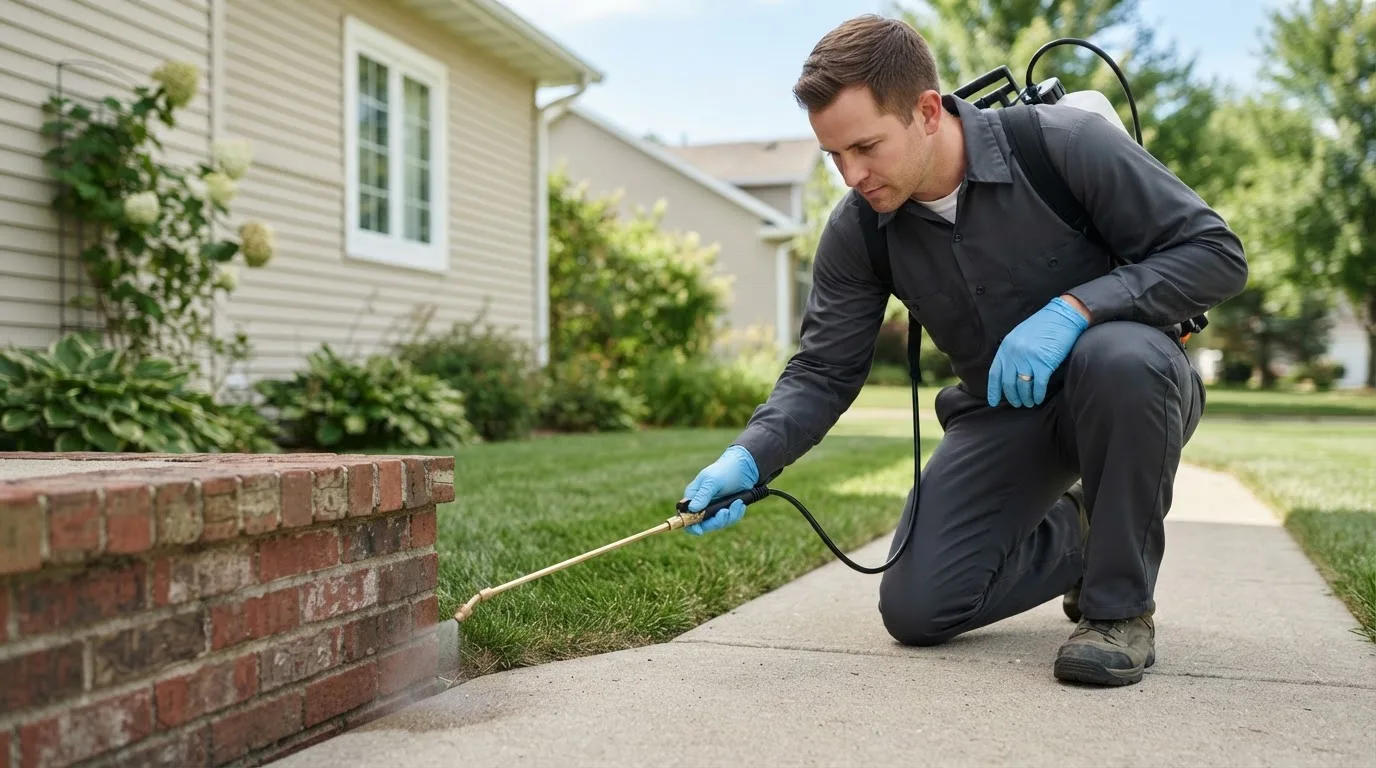 Pest control technician treating a home near Earlham, IA
