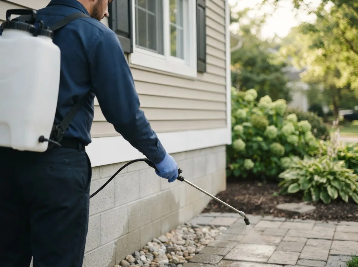 Pest control technician inspecting a home in Earlham, IA